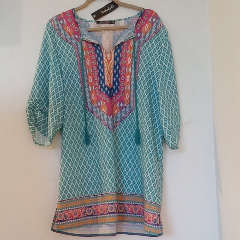 Urban Coco Teal/Pink Women's Geometric Boho Tunic/Swim Coverup 3/4 Sleeves Sz XL